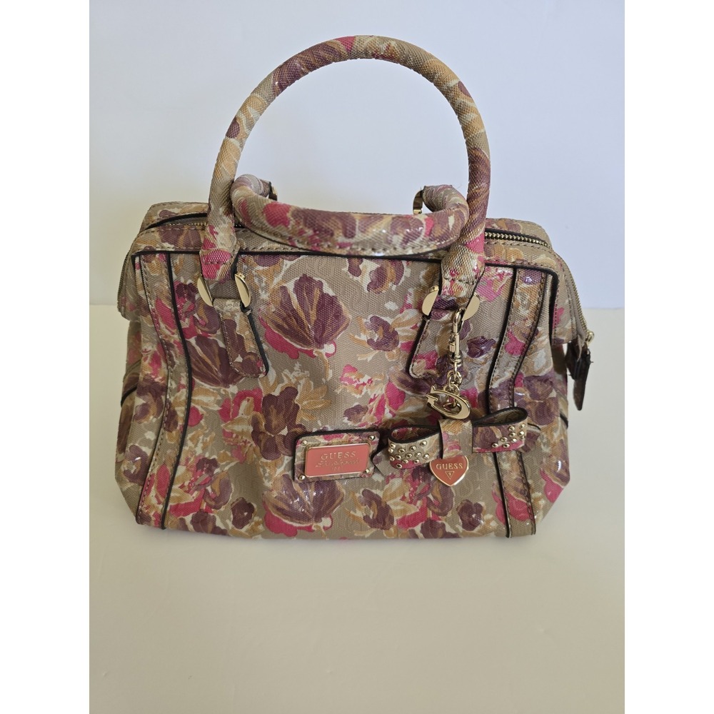 GUESS Los Angeles Floral Print Satchel Top Handle Bag Charm Purse